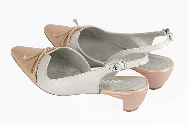 Powder pink and off white women's open back shoes, with a knot. Tapered toe. Low comma heels. Rear view - Florence KOOIJMAN